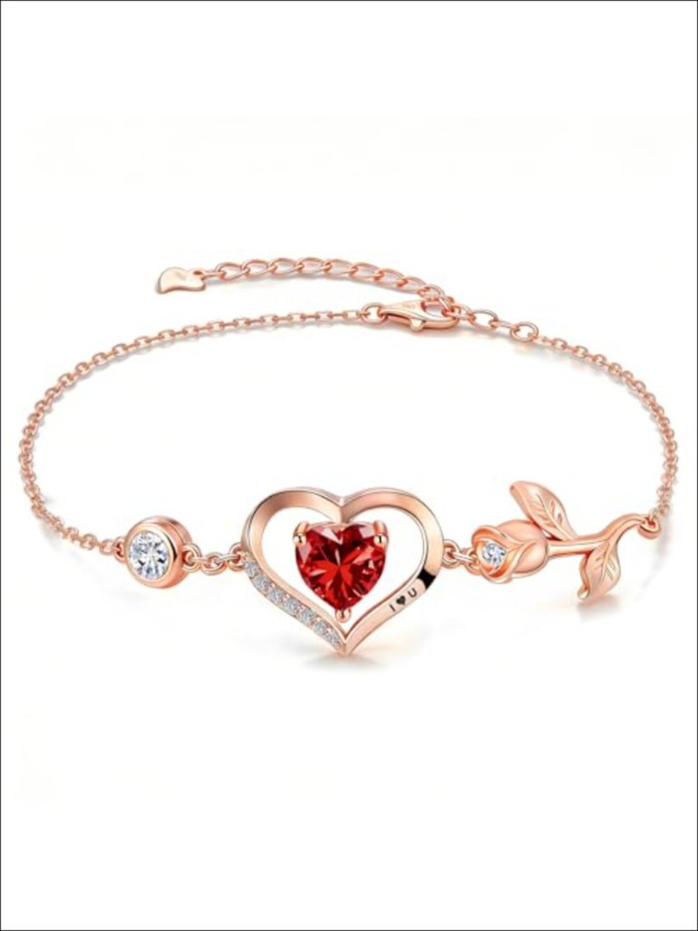 1CT Rose Heart Ruby Birthstone Link Bracelet S925 Silver 18K Rose Gold Plated